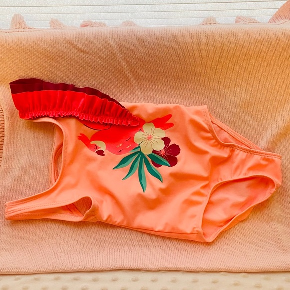 NWOT Cat & Jack Tropical Bird Print Ruffle Sleeve One Piece Pink Swimsuit - Picture 8 of 12